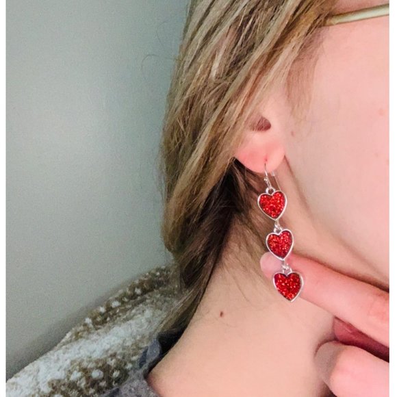 Heart Earrings Dangle Drop Dangling Ladies Girls Red Valentines Jewelry Gift - Picture 8 of 8